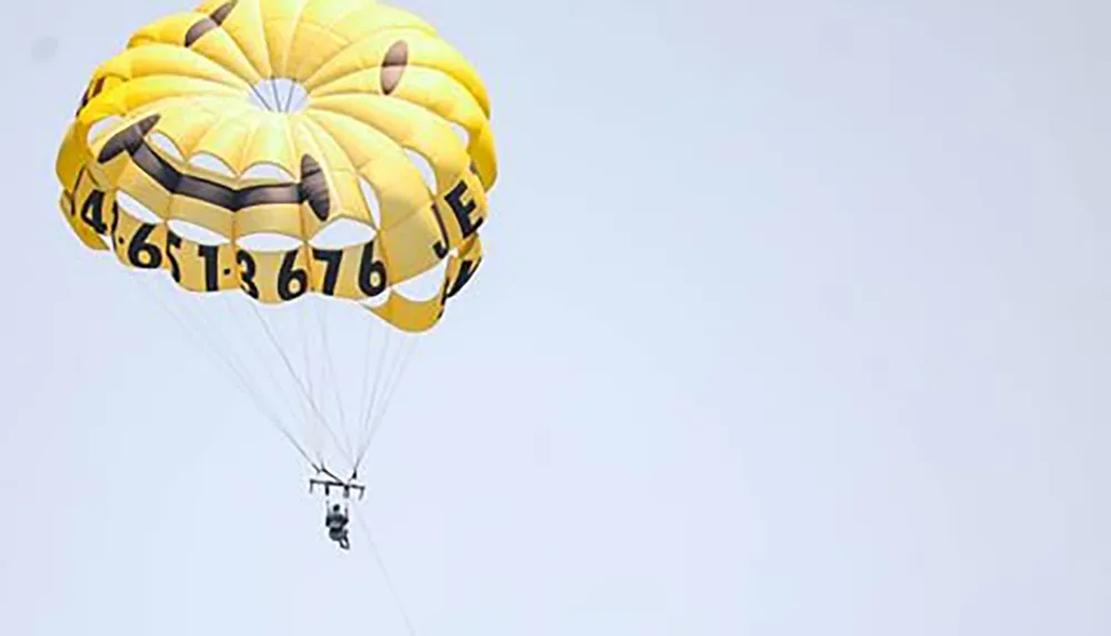A person is parasailing with a yellow parachute adorned with black numbers high up in the sky