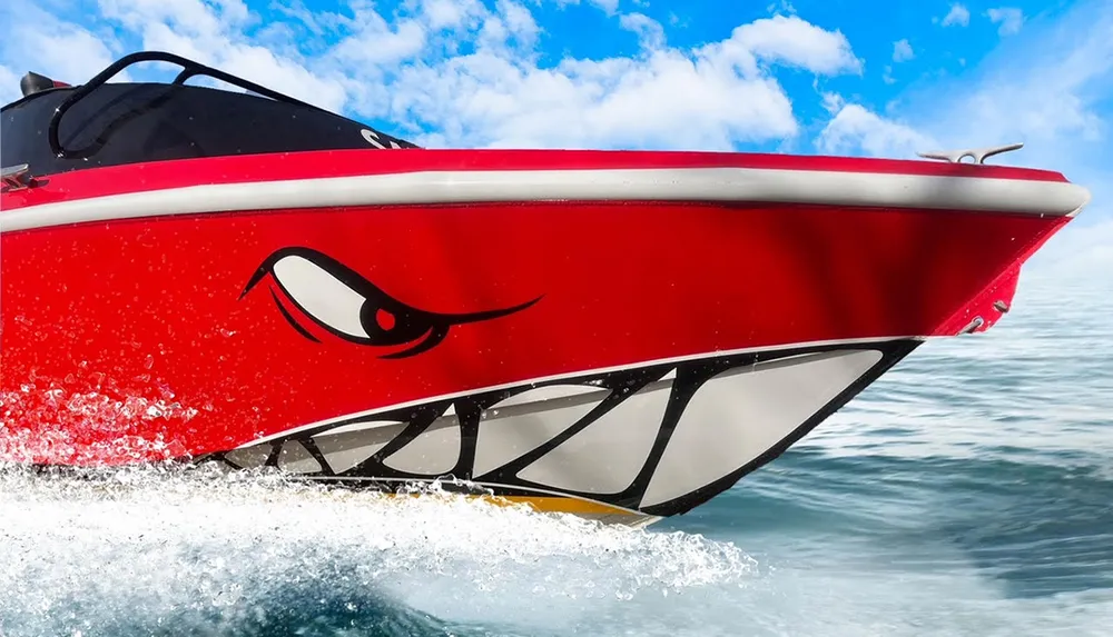 A red speedboat with a fierce-looking eye and teeth design is speeding through blue water with splashes visible at the bow and a clear sky above