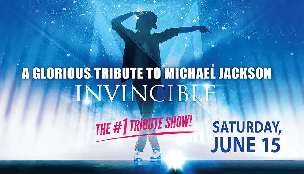 The image is a promotional poster for a tribute show to Michael Jackson called Invincible claiming to be the 1 Tribute Show scheduled for Saturday June 15