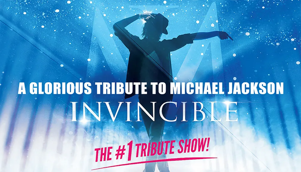 The image is a promotional poster for Invincible a tribute show dedicated to Michael Jackson featuring a silhouette of a dancer striking a pose reminiscent of the late pop stars iconic style against a backdrop of dramatic blue lighting and sparkling effects