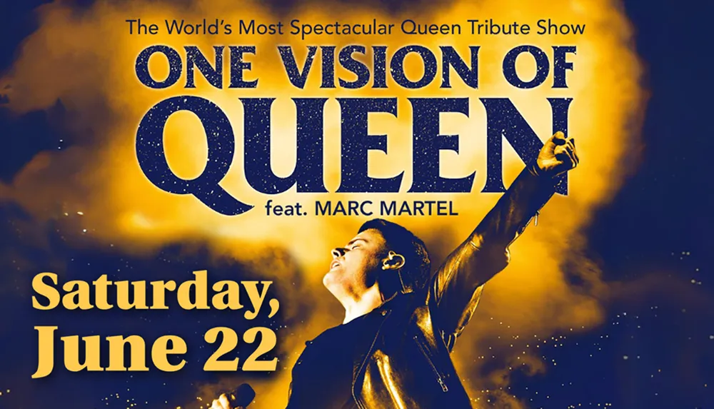The image is a promotional poster for One Vision of Queen a Queen tribute show featuring Marc Martel scheduled for Saturday June 22