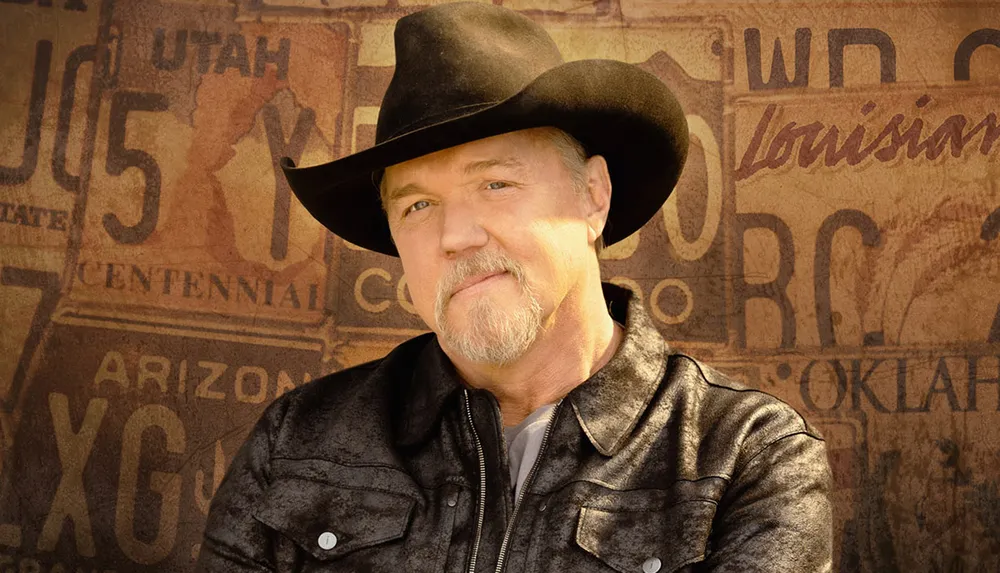 A man wearing a cowboy hat is superimposed onto a background featuring faded images of US state license plates