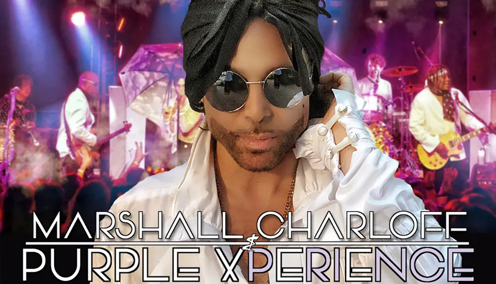 The image shows a promotional poster for the Marshall Charloff Purple Xperience featuring a charismatic performer in the foreground dressed reminiscent of Prince with a concert scene in the background