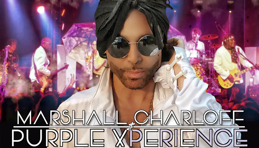 The image is a promotional poster for the Marshall Charloff Purple Xperience featuring a central figure styled in a white outfit and sunglasses with a background of musicians performing live