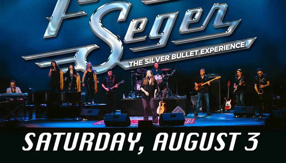 The image shows a promotional band performance advertisement featuring musicians on stage under a large lit-up sign reading Seger The Silver Bullet Experience with the date Saturday August 3 highlighted at the bottom
