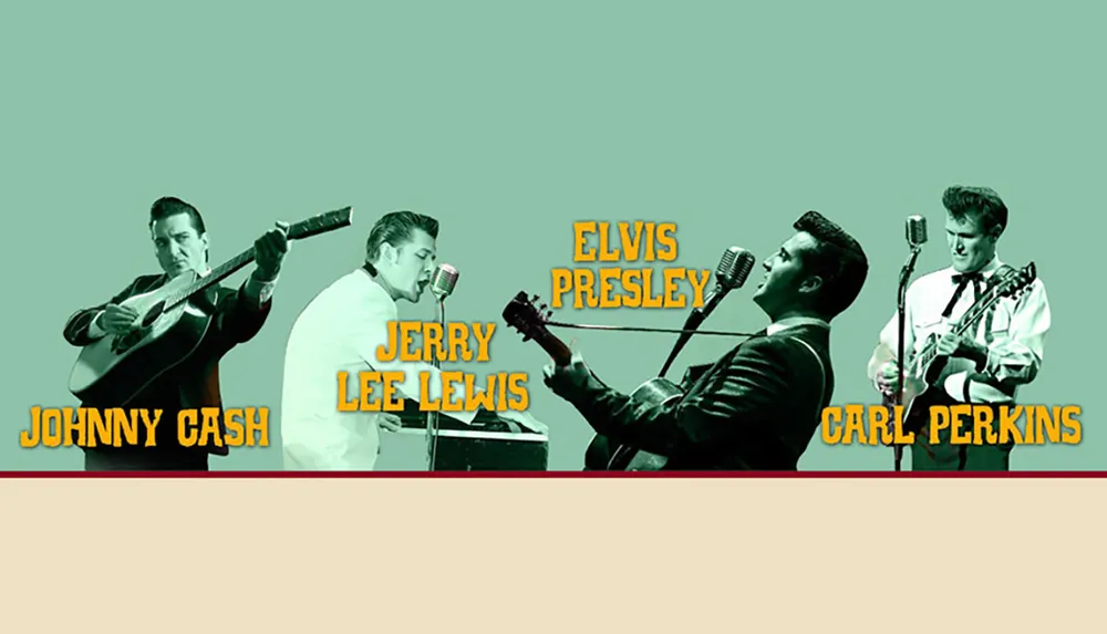The image features stylized representations of four iconic musicians Johnny Cash Jerry Lee Lewis Elvis Presley and Carl Perkins with their names labeled beneath each figure