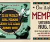 The image is a vintage-style concert poster for a tribute event titled One Night in Memphis featuring the names Elvis Presley Carl Perkins Jerry Lee Lewis and Johnny Cash scheduled for Saturday August 10 with illustrations of musicians and a nostalgic design