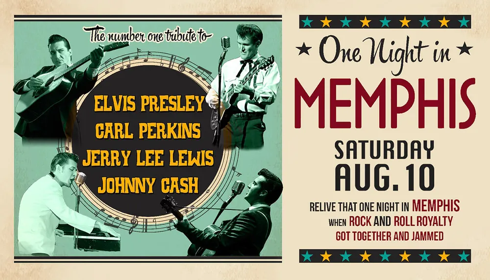 The image is a vintage-style concert poster for a tribute event titled One Night in Memphis featuring the names Elvis Presley Carl Perkins Jerry Lee Lewis and Johnny Cash scheduled for Saturday August 10 with illustrations of musicians and a nostalgic design
