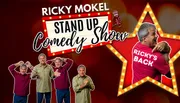 The image is a promotional graphic for a stand-up comedy show featuring multiple poses of the same performer set against a star-shaped marquee with lit bulbs announcing 