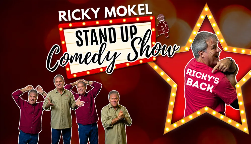 The image is a promotional graphic for a stand-up comedy show featuring multiple poses of the same performer set against a star-shaped marquee with lit bulbs announcing Ricky Mokel Stand Up Comedy Show