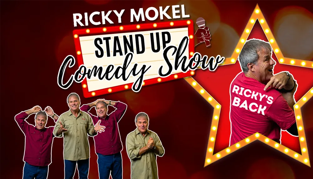 The image is a promotional graphic for a stand-up comedy show featuring multiple poses of the same performer Ricky Mokel with a star-shaped marquee sign announcing the event