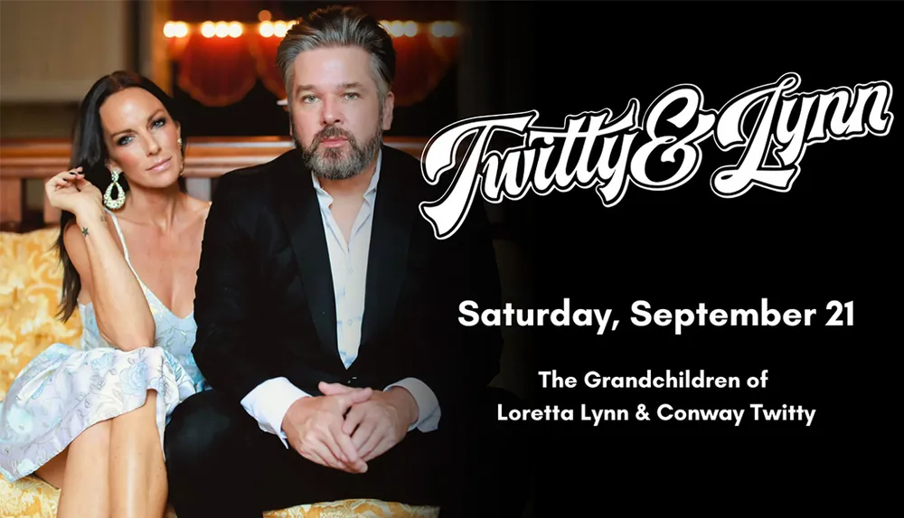 The image is a promotional poster featuring two individuals sitting together with the text Twitty  Lynn referencing a performance by the grandchildren of Loretta Lynn and Conway Twitty on Saturday September 21