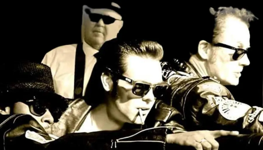 The image shows a group of men wearing sunglasses and leather jackets, exuding a retro, rock-and-roll style.