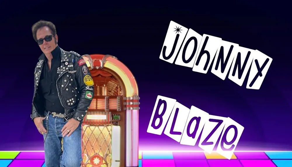 The image features a person in a studded leather jacket and sunglasses standing next to a jukebox with the name Johnny Blaze written in a playful font