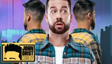 The image features a man looking surprised, surrounded by two mirrored views of himself in plaid shirts, with a 