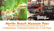 The image promotes the Myrtle Beach Museum Pass, featuring attractions Dino Park and Wheels of Yesteryear, with unlimited entries for three days.