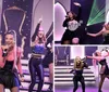 A group of performers in colorful outfits sing and dance energetically on stage