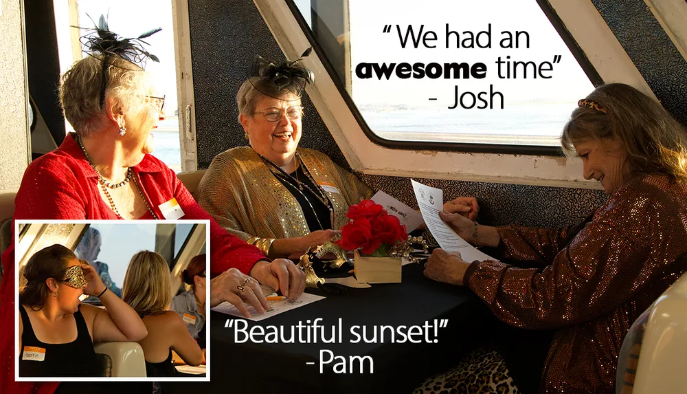 Three women dressed elegantly are sitting around a table on a boat enjoying the view and each others company with quotes about having an awesome time and a beautiful sunset