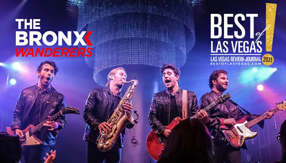 The image shows the band The Bronx Wanderers performing energetically on stage with a Best of Las Vegas 2021 award logo displayed above them
