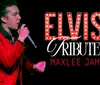A person in a red jacket holds a microphone with the text Elvis Tribute Maxlee James displayed prominently