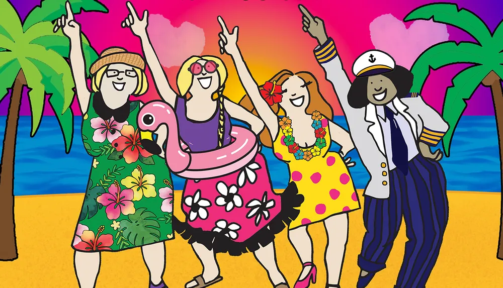 Four cartoon characters joyfully dance on a beach at sunset surrounded by palm trees and wearing colorful tropical attire