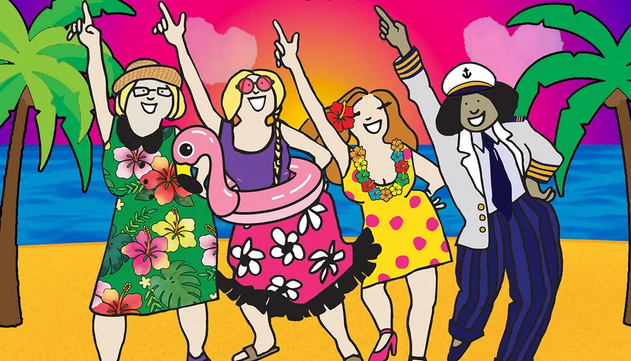 Four cartoon characters joyfully dance on a beach at sunset, surrounded by palm trees and wearing colorful tropical attire.