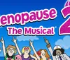 The image shows a colorful promotional poster for Menopause The Musical 2 featuring cartoon women on a cruise with a large ship and clear blue sky in the background