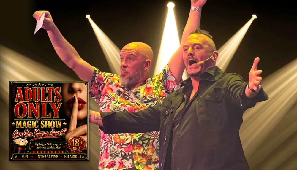 Two performers on stage with dramatic lighting are promoting an Adults Only Magic Show featuring humor and audience participation