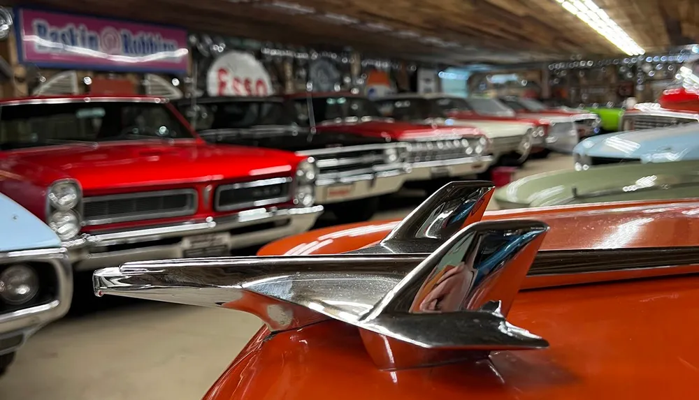 The image shows a collection of vintage cars parked indoors with a close-up focus on the shiny hood ornament of an orange car