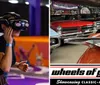 The image shows two scenes on the left a person is using a VR headset at an event called Interactive Experience Unleashed and on the right there is a close-up of a classic car hood ornament with rows of vintage cars in the background at Wheels of Yesteryear
