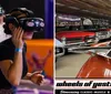 The image shows two scenes on the left a person is using a VR headset at an event called Interactive Experience Unleashed and on the right there is a close-up of a classic car hood ornament with rows of vintage cars in the background at Wheels of Yesteryear