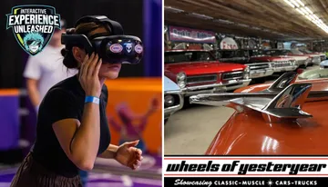 The image shows two scenes: on the left, a person is using a VR headset at an event called 
