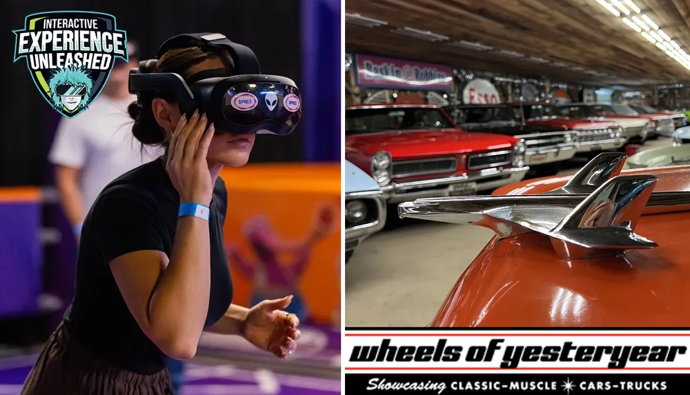 The image shows two scenes on the left a person is using a VR headset at an event called Interactive Experience Unleashed and on the right there is a close-up of a classic car hood ornament with rows of vintage cars in the background at Wheels of Yesteryear