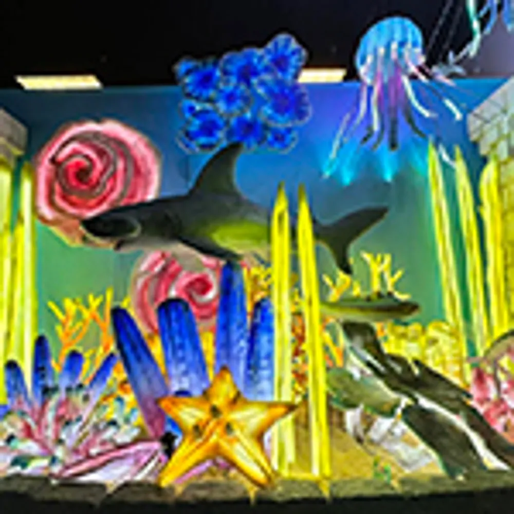 The image depicts a vibrant underwater-themed installation with a shark colorful coral and sea creatures like jellyfish and a starfish