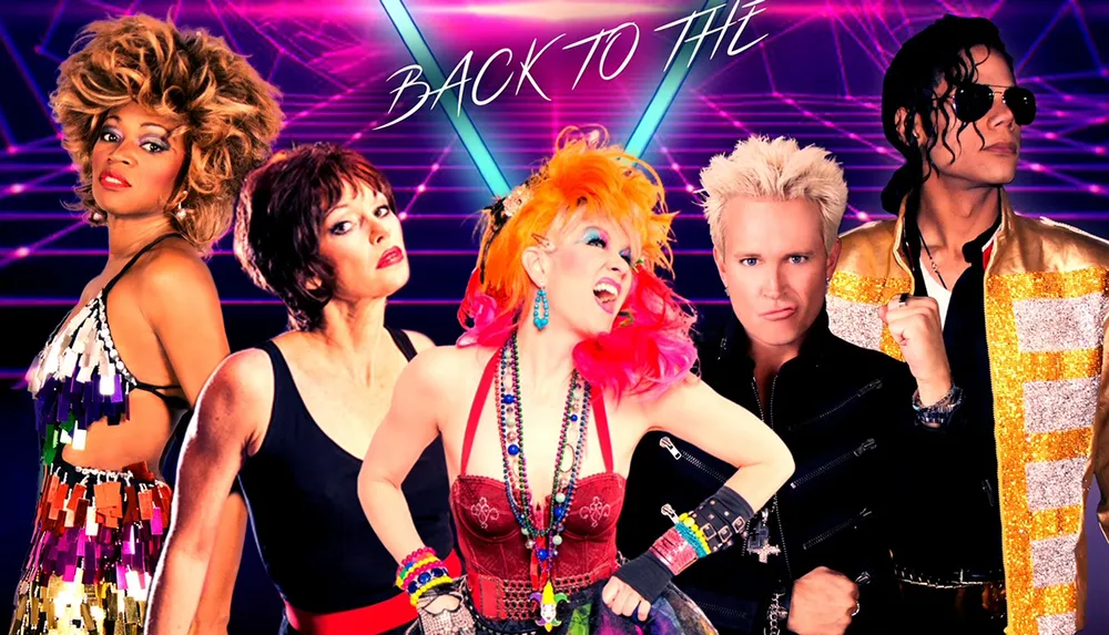 The image features a vibrant group of five people dressed in colorful retro and flamboyant costumes representative of 1980s fashion against a backdrop with neon-pink text that reads BACK TO THE over a stylized laser grid