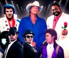 This image features a collage of various impersonators representing iconic musicians all set against a cosmic-themed backdrop with spotlights