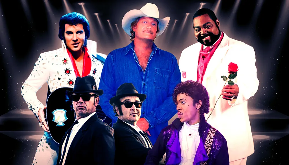 This image features a collage of various impersonators representing iconic musicians all set against a cosmic-themed backdrop with spotlights