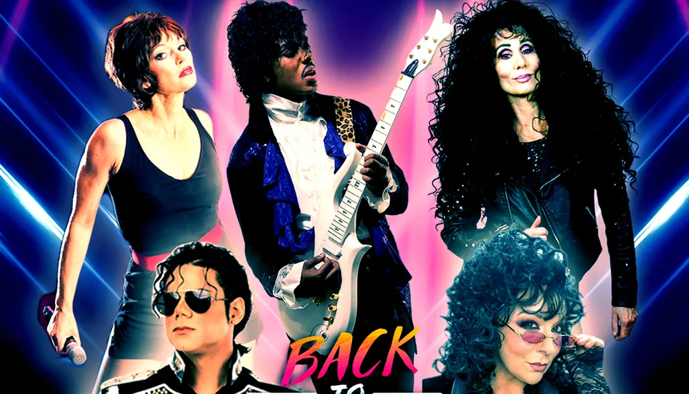 The image features five musicians in 1980s-style clothing against a vibrant neon background with the text Back to the 80s