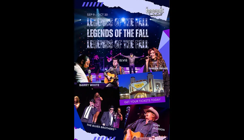 The image is a promotional poster for Legends of the Fall at the Legends in Concert featuring artists such as Elvis Shania Twain Barry White The Blues Brothers and Alan Jackson
