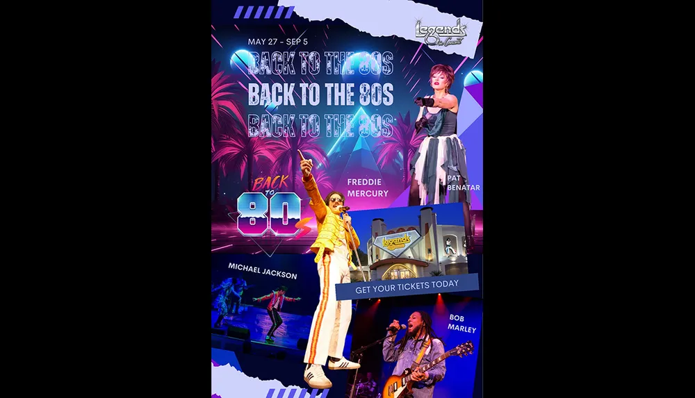 The image is a poster advertising a Back to the 80s concert event featuring impersonators of Freddie Mercury Pat Benatar Michael Jackson and Bob Marley held from May 27 to September 5