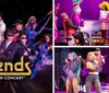 This image features a collage of various impersonators representing iconic musicians all set against a cosmic-themed backdrop with spotlights