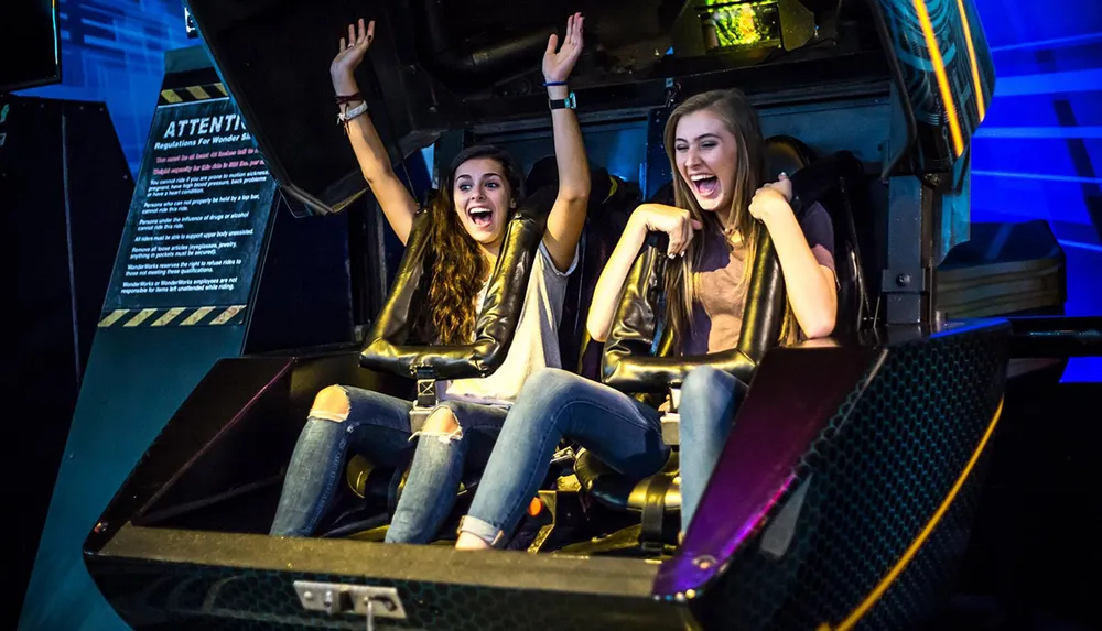 Two excited people are enjoying a thrilling amusement park ride at night