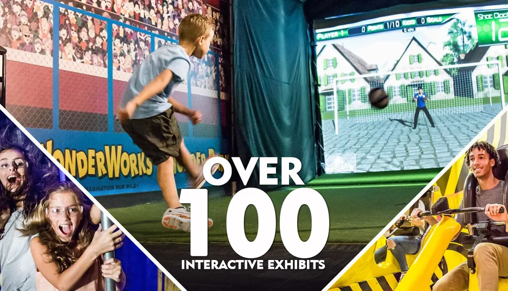 The image is a promotional collage showcasing different people enjoying interactive exhibits with a large text in the center announcing OVER 100 INTERACTIVE EXHIBITS