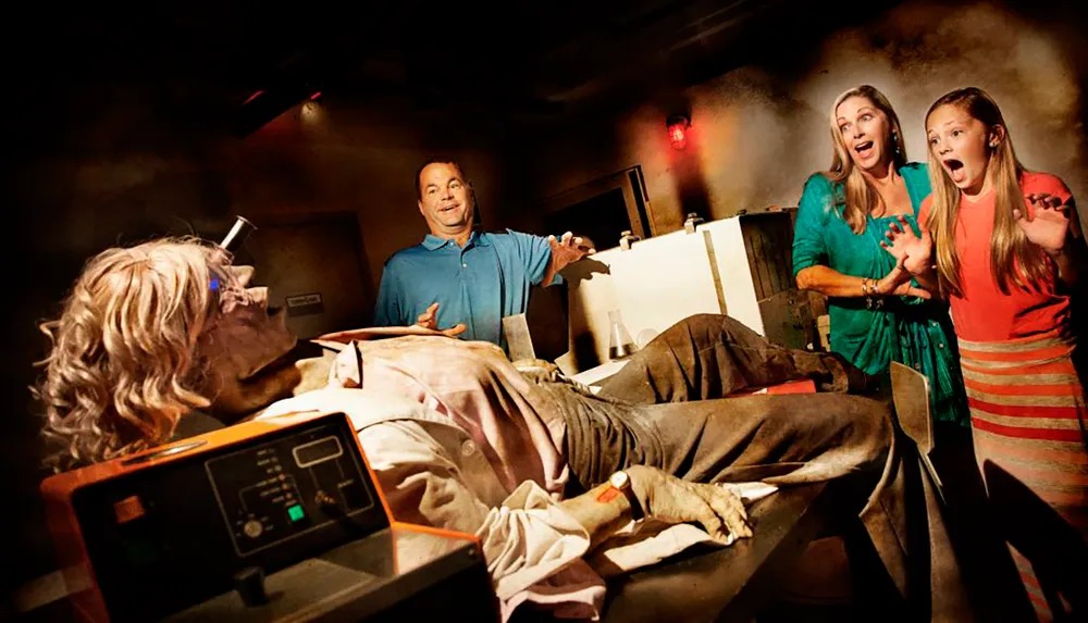A family reacts in surprise and amusement to a realistic horror exhibit featuring a zombie-like figure on a table