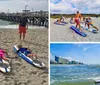 Two people are wearing wetsuits and lying on surfboards paddling in the ocean