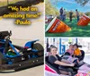 People are enjoying a ride in go-karts on a sunny day at a track