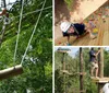 Two people are navigating an outdoor high ropes course among the trees equipped with safety harnesses and helmets