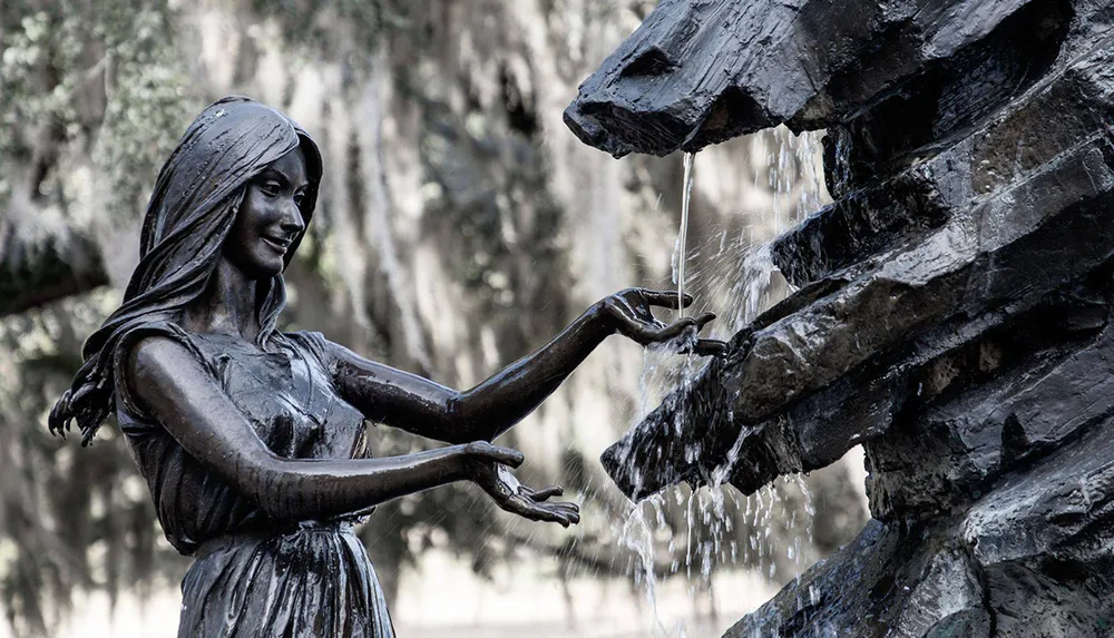 A bronze statue depicts a smiling woman touching water flowing from a rough-hewn fountain