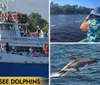 Two dolphins are leaping out of the ocean waves in unison
