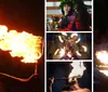 A performer with traditional tattoos is demonstrating a fire dance at night skillfully manipulating flaming objects